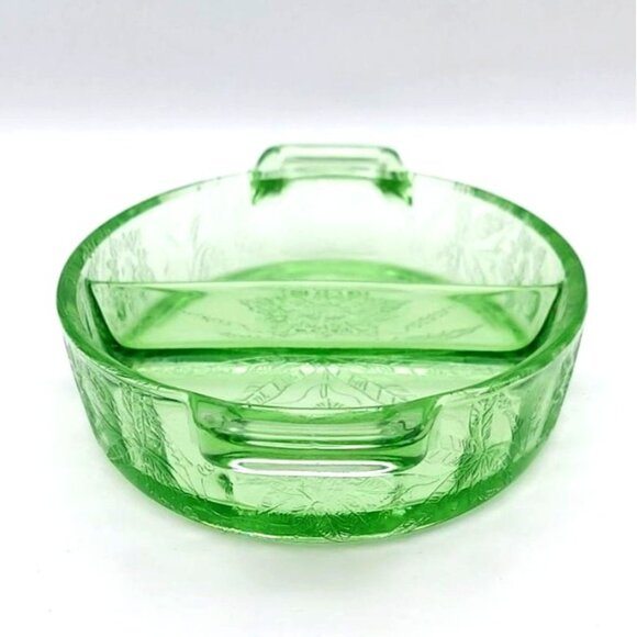 Vintage Jeannette Glass Floral Poinsettia Green Divided Oval Relish Dish Uranium - Picture 5 of 9